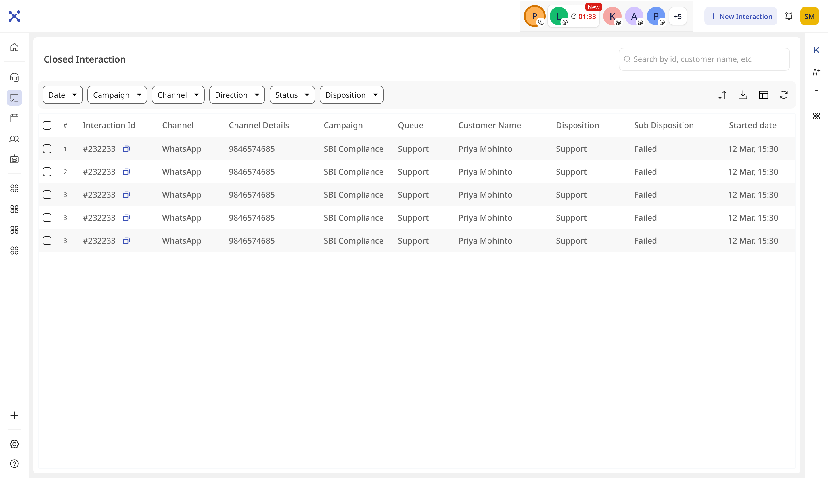 Collapsed live interactions as a row of avatars in the top bar, over the closed-interactions page